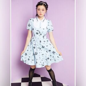 DISNEY Alice In Wonderland Twee Dress Peter Pan Collar Fit Flare Mini Dress